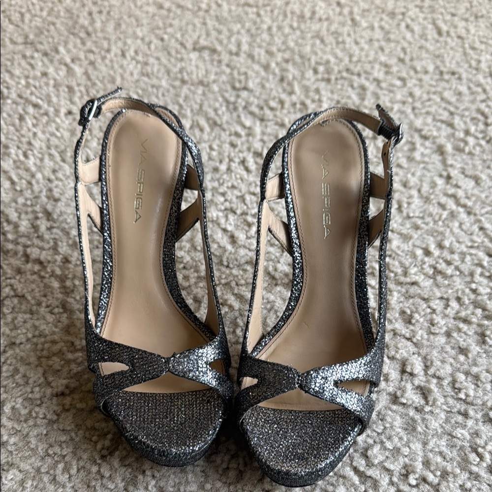 Via Spiga Black and Silver Slingback Heels
